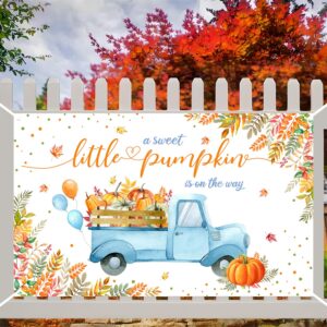 MEHOFOND Little Pumpkin Baby Shower Party Decorations Backdrop Autumn Fall Baby Shower Banner A Sweet Little Pumpkin is On The Way Blue Truck Maple Leaves Baby Shower Party Decor Supplies (72x44Inch)