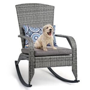 oyodhpdu outdoor rocking chair- rattan patio rocker chairs with cushions and steel frame- all weather outdoor rocker chair with 2 replaceable cushion covers (blue & grey), 350lbs