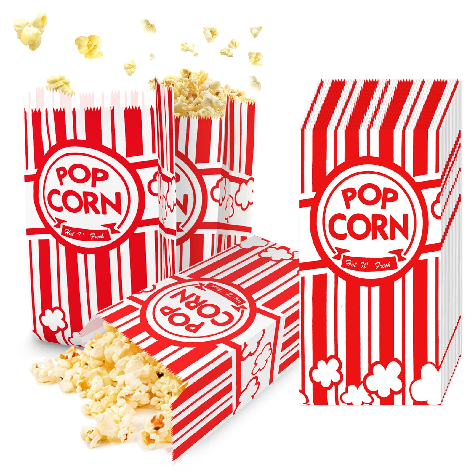 KERIQI Popcorn Bags, 50 Pcs Paper Popcorn Container Red and White Concession Stand Popcorn Holder Movie Theme Party Supplies