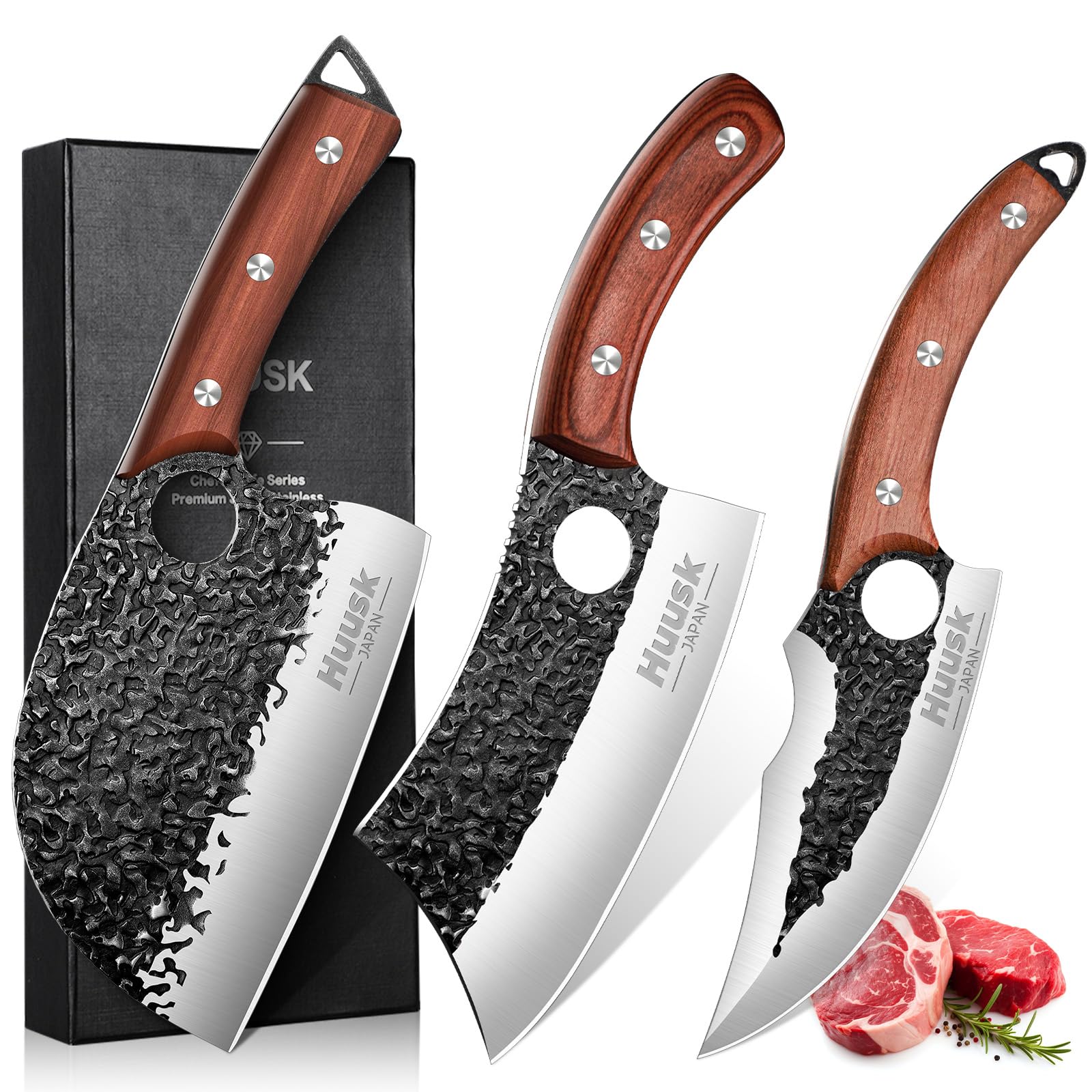 Huusk Butcher Knife Set Hand Forged Serbian Chef Knife Viking Boning Knife Cleaver Knife 3PCS Kitchen Knife Set for Meat Cutting Home & Outdoor Cooking BBQ Knives Gift for Men