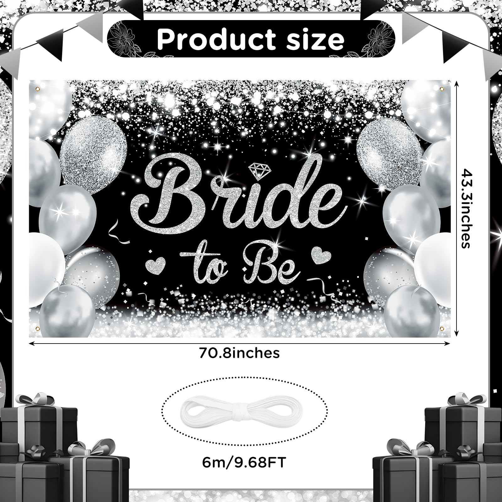 Bridal Shower Banner Decorations Black Silver Bride to Be Banner Bachelorette Bride to Be Decorations Sign Banner Black Silver Wedding Shower Engagement Party Decorations Gift Supplies 43.3 * 70.8