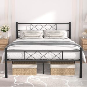 vecelo full size bed frame with headboard, heavy-duty platform/mattress foundation with metal slats support, no box spring needed/easy assembly, matte black