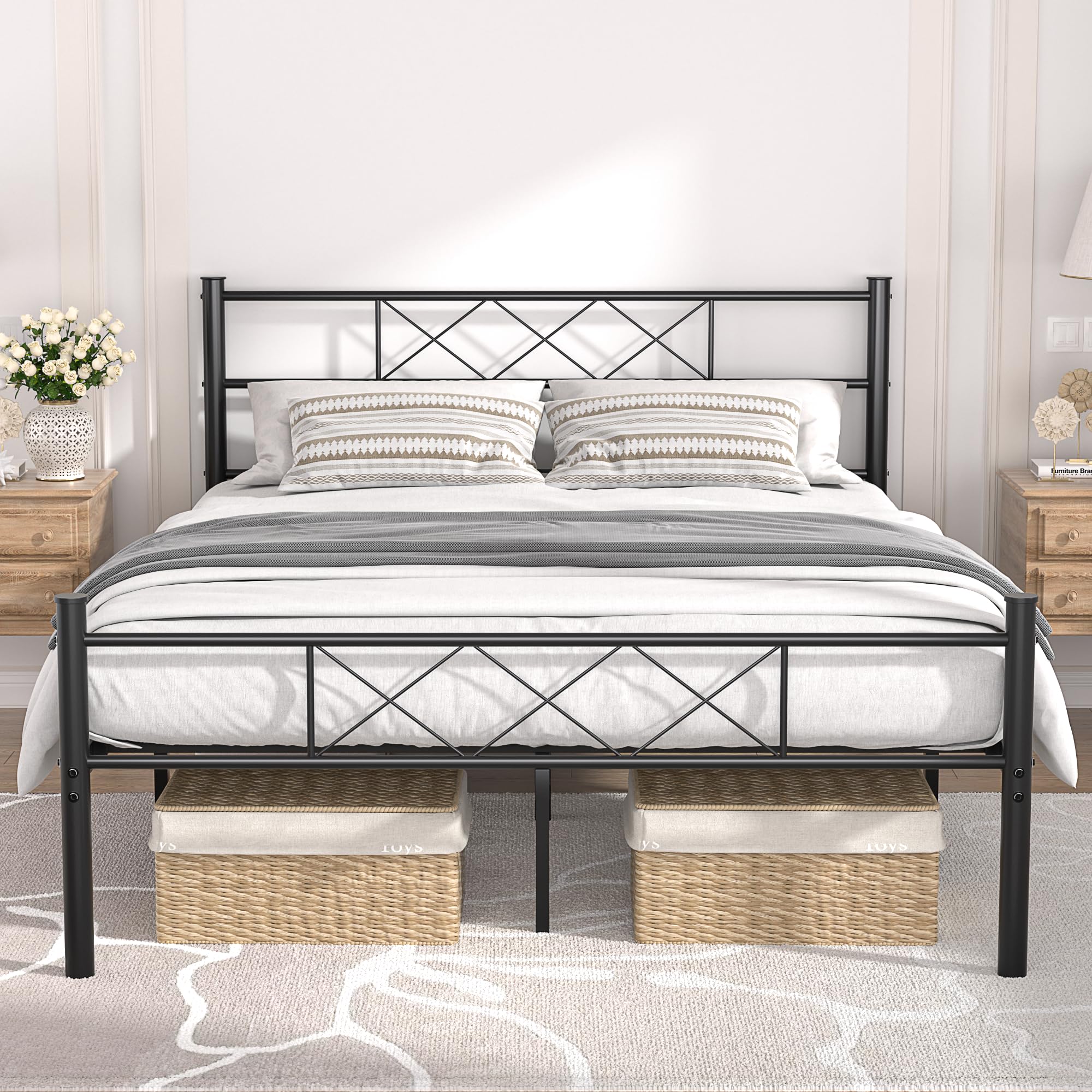 VECELO Full Size Bed Frame with Headboard, Heavy-Duty Platform/Mattress Foundation with Metal Slats Support, No Box Spring Needed/Easy Assembly, Matte Black