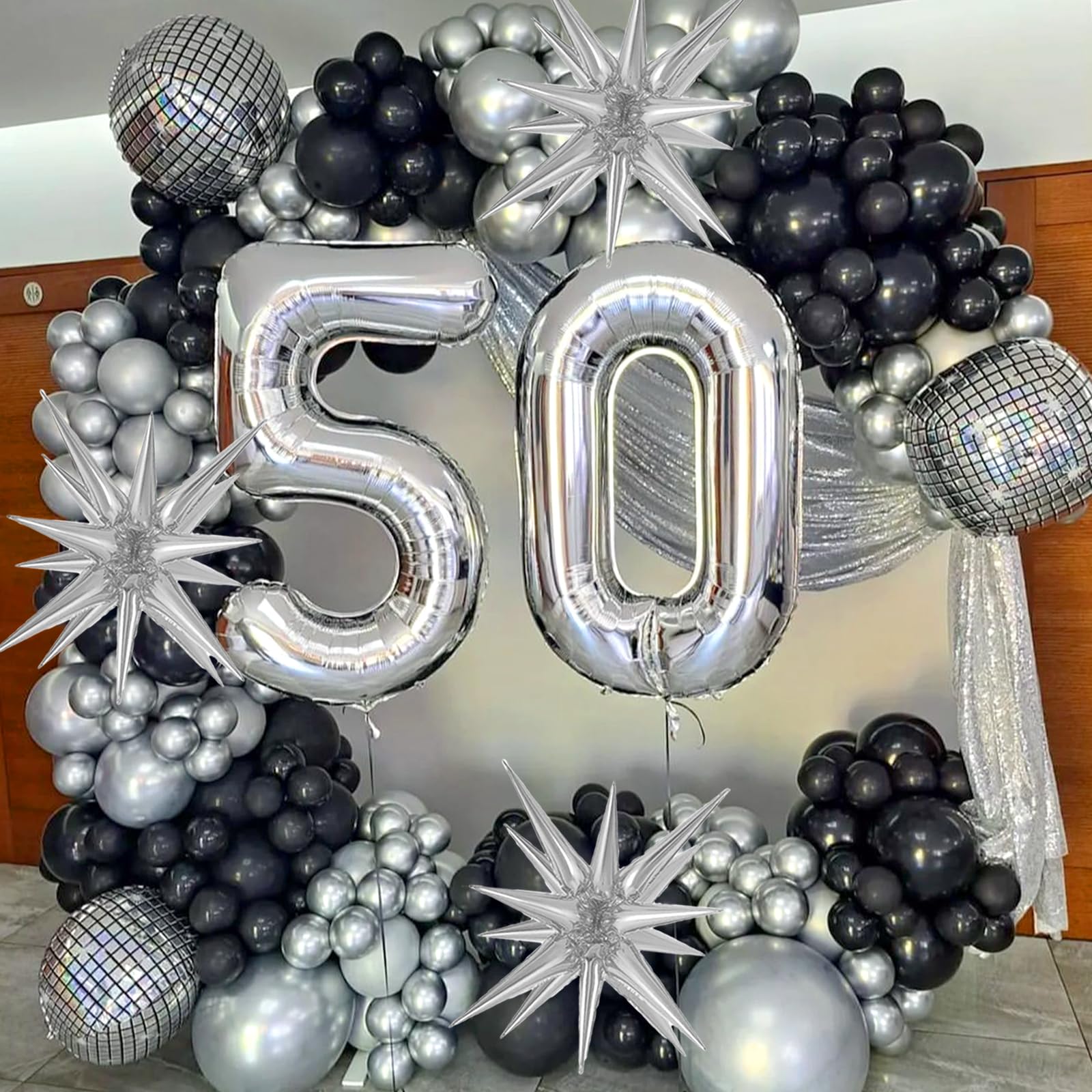 Black and Silver Balloon Garland Arch Kit with Disco Ball Foil Balloons, Silver Confetti Latex Balloons for Graduation Anniversary Birthday Party Decorations