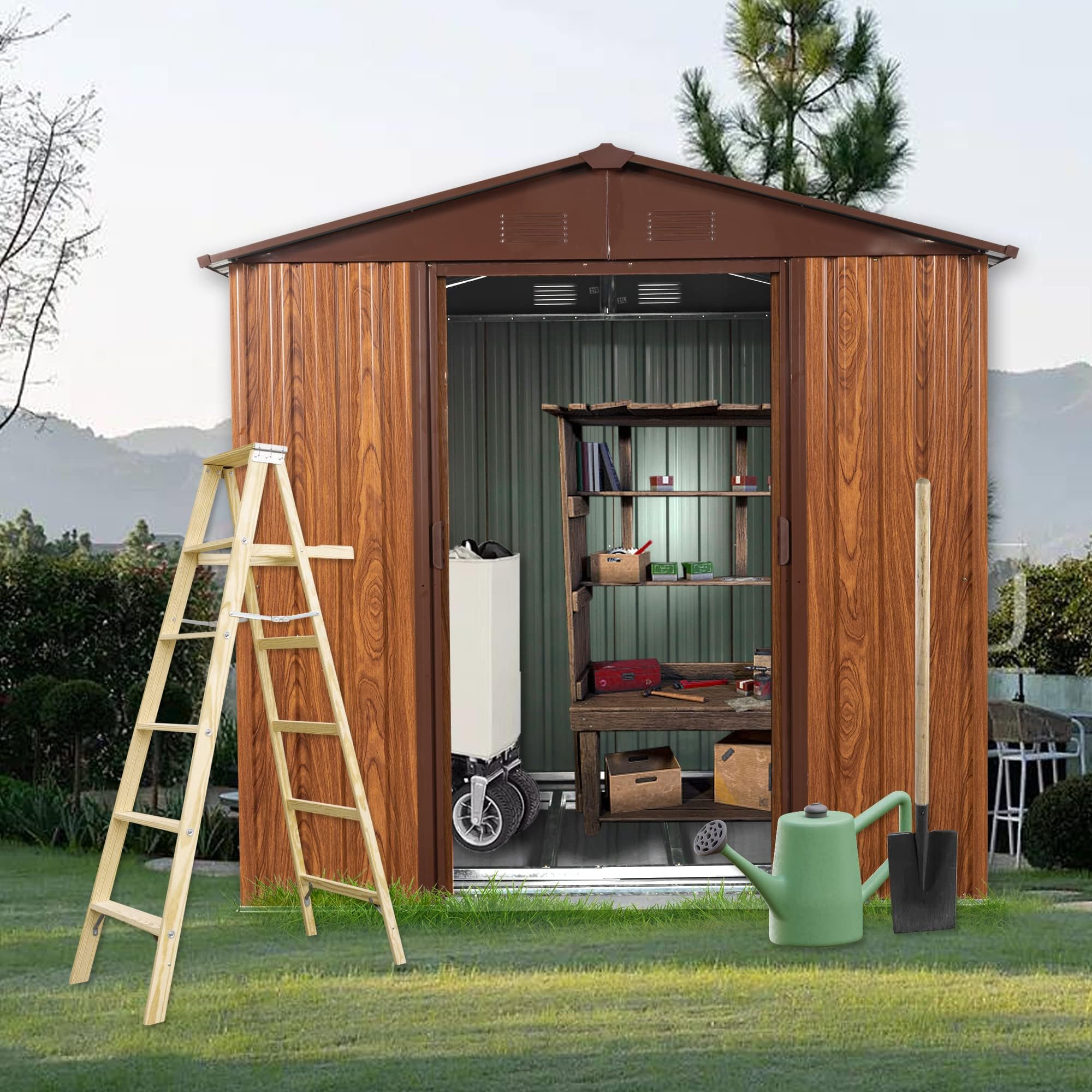 6 x 6 FT Outdoor Storage Shed, Metal Garden Shed with Floor Frame, Tool Shed Outdoor Storage with Lockable Sliding Doors & Window & Air Vents, Storage House Waterproof for Backyard, Lawn, Coffee