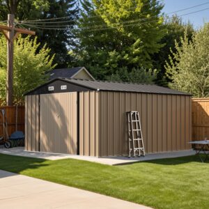 Patiolife 10x12 FT Metal Outdoor Storage Shed, All-Weather Garden Tool Shed with Lockable Door & Sloping Roof, for Backyard and Garden Patio, Brown