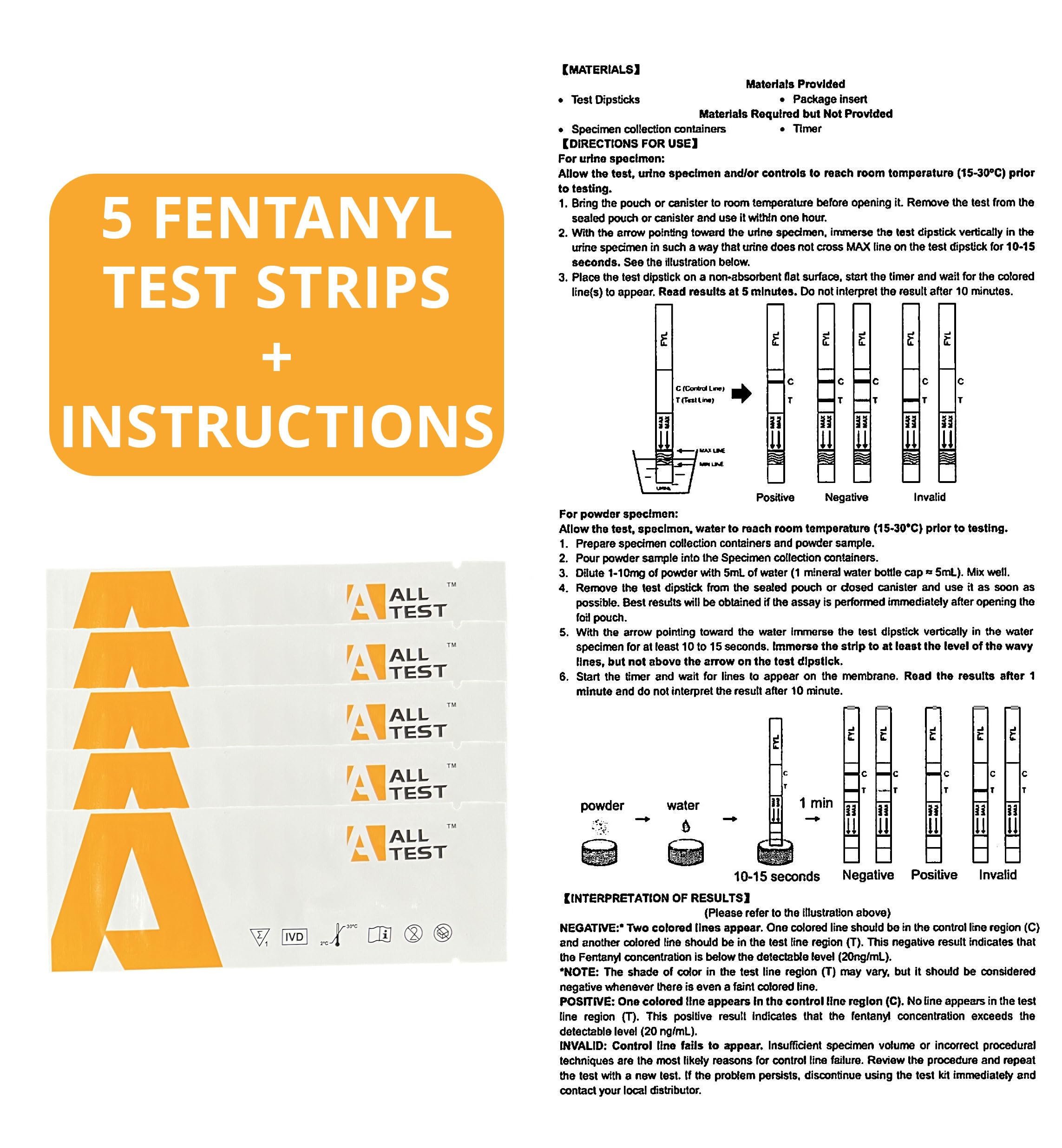 ALLTEST Fentanyl Test Strips - 5 Test Strips Per Pack - #1 Global Selling Fentanyl Test Strips for Powder or Liquid - Harm Reduction Tool, Overdose Prevention, 1 Minute Results, 20ng/mL Cut-Off