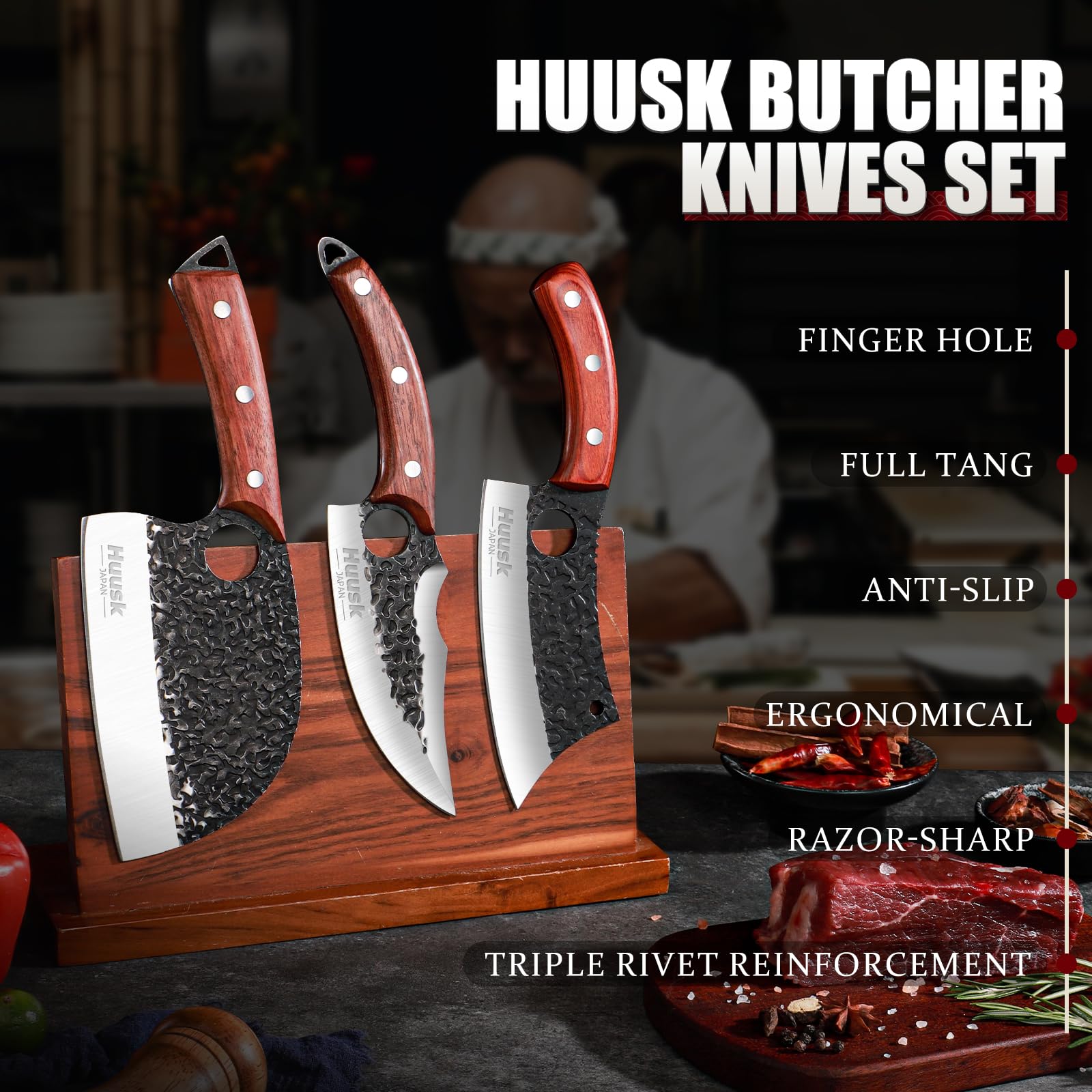 Huusk Butcher Knife Set Hand Forged Serbian Chef Knife Viking Boning Knife Cleaver Knife 3PCS Kitchen Knife Set for Meat Cutting Home & Outdoor Cooking BBQ Knives Gift for Men