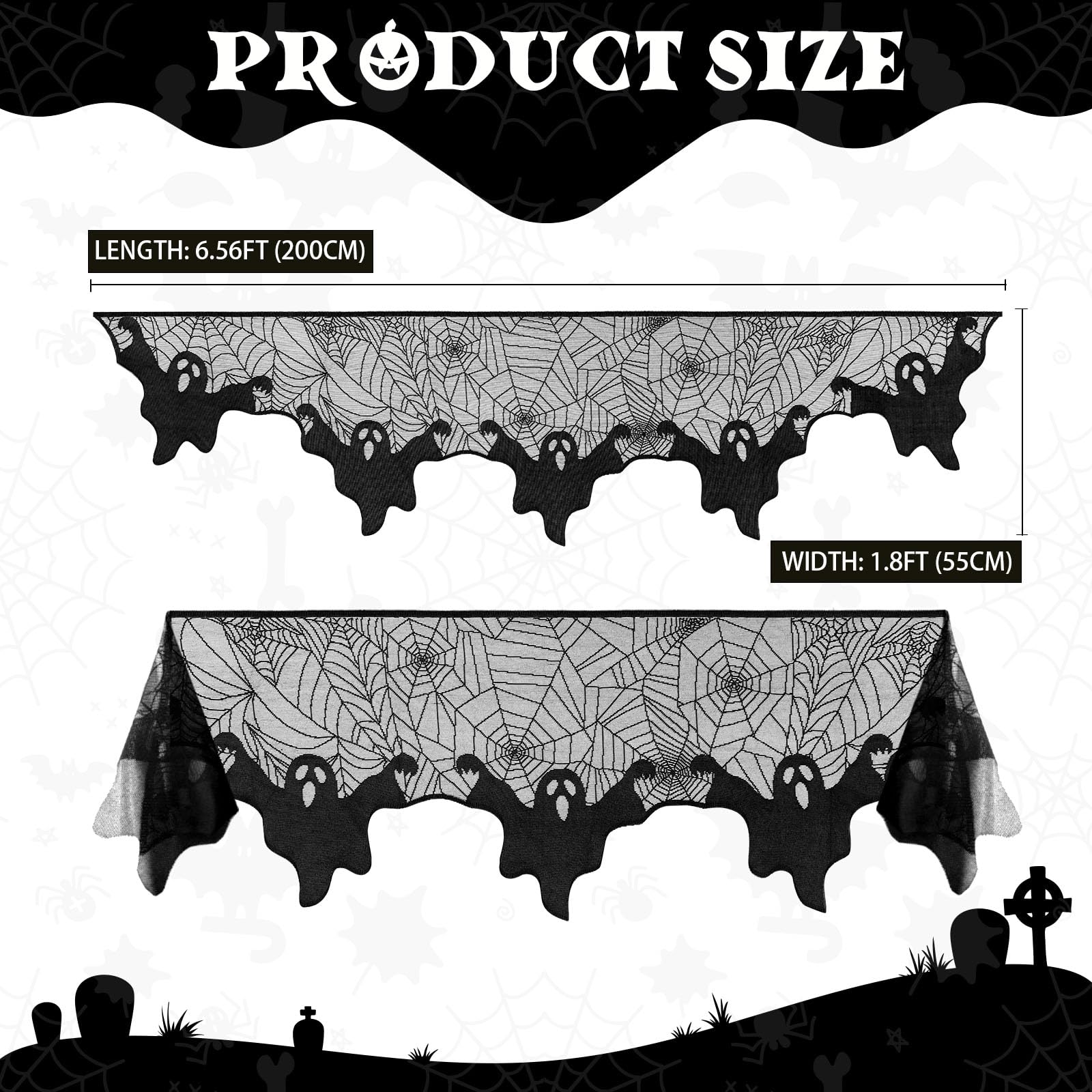 OurWarm Halloween Decorations Ghost Spiderweb, Black Lace Spider Web Halloween Fireplace Cover, Cobweb Halloween Mantle Scarf for Halloween Mantel Decor Halloween Party Supplies 21 x 79 Inches