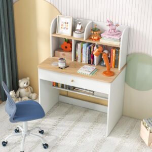 HONEY JOY White Kids Desk, Wooden Children School Study Table with Hutch, Pull-Out Drawer, Storage Shelves, Student Writing Desk Computer Workstation for Bedroom, 3+ Years Old