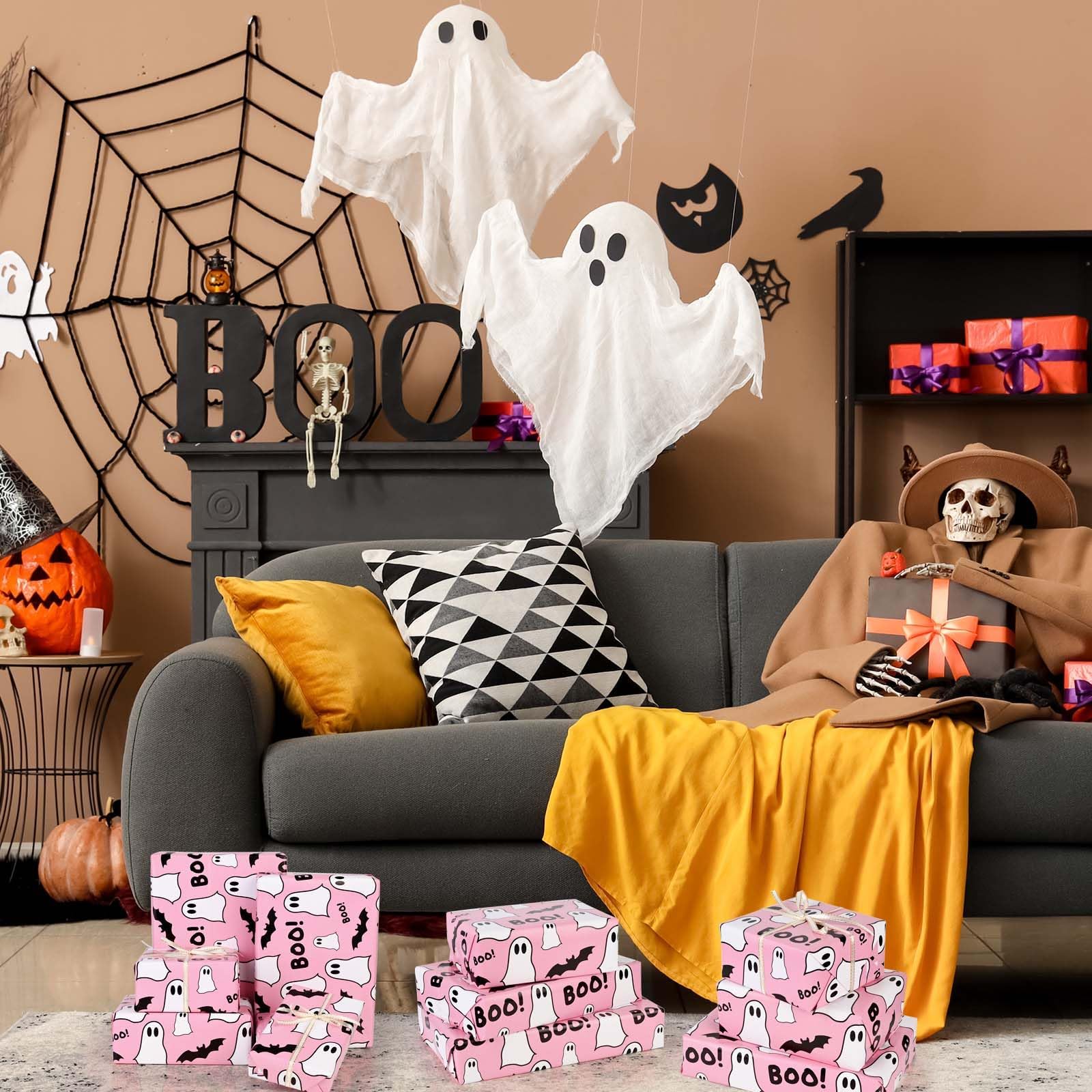 12 Sheets Pink Ghost and Boo Wrapping Paper Halloween Pink Ghost Bat Boo Pattern Wrap Paper Cute Ghost Paper for Happy Boo Day Girls Baby Shower Birthday Party DIY Crafts Gift Wrapping