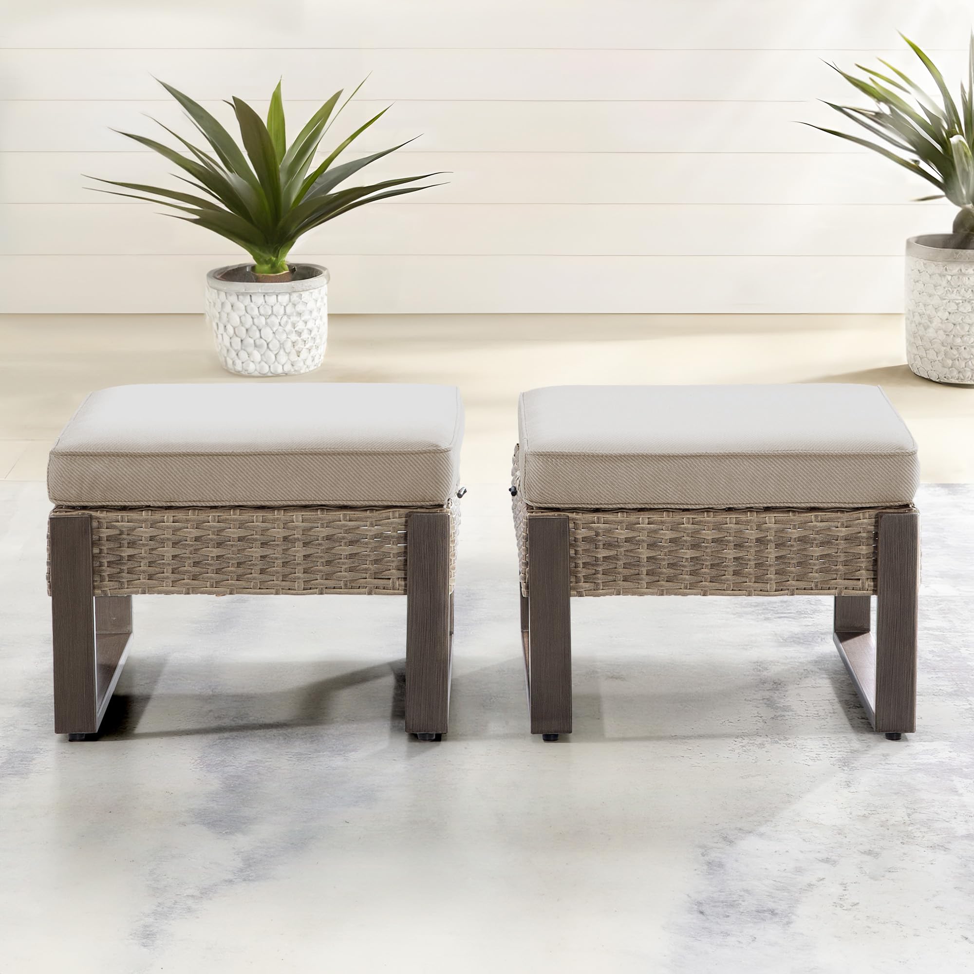 Joyside Patio Ottomans Outdoor Foot Rest-All Weather PE Rattan Ottomans Footstools with Removable Cushions & Anti-Rust Wood-Looking Legs for Garden Backyard Porch Deck (Beige)