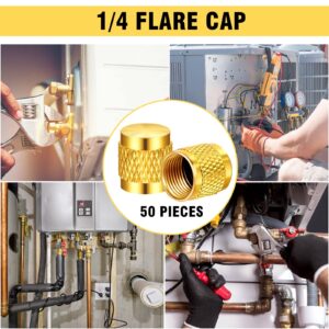 【Upgraded】50 Pcs 1/4" Brass Flare Cap, Solid Brass Caps with Neoprene O Ring Seal, 1/4" SAE HVAC Valve Caps