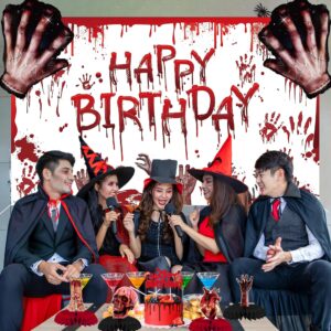 DARUNAXY Halloween Birthday Party Decorations, Red Halloween Happy Birthday Banner, Scary Handprint Balloons & Cake Topper, Horror Fake Broken Hands Dismember Honeycomb Hanging Swirl Balloons(36PC)