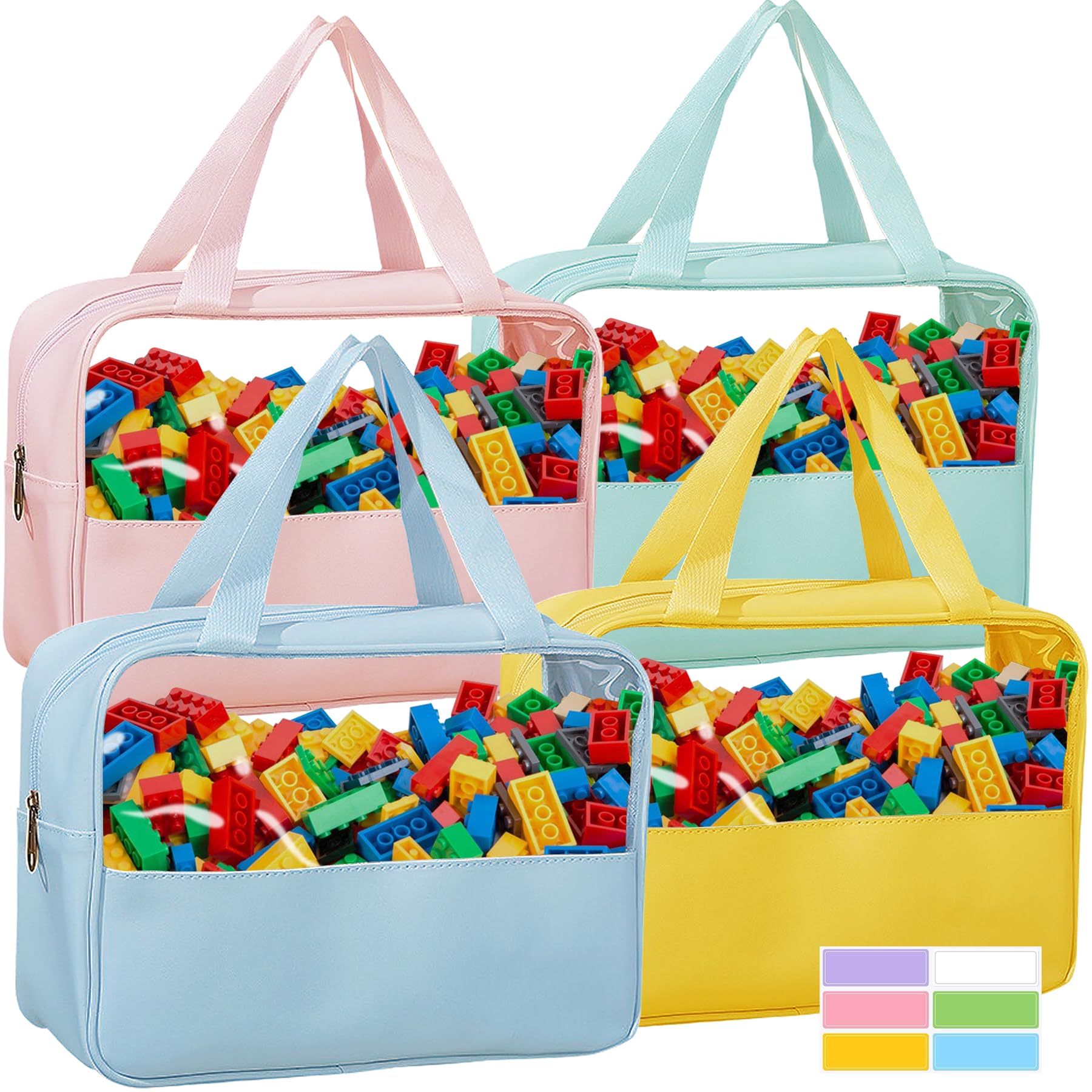 Dcwunk 4-Pack Large Toy Organizer PU Leather Organizer Bag with Zipper, Toy Organizer Bag with Portable Handheld Device, Waterproof Toy Bag for Board Games Clay, Building Blocks, Toys (4 Pack)