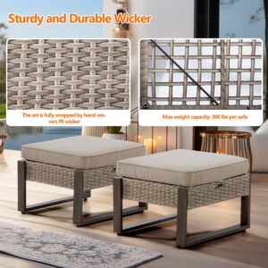 Joyside Patio Ottomans Outdoor Foot Rest-All Weather PE Rattan Ottomans Footstools with Removable Cushions & Anti-Rust Wood-Looking Legs for Garden Backyard Porch Deck (Beige)