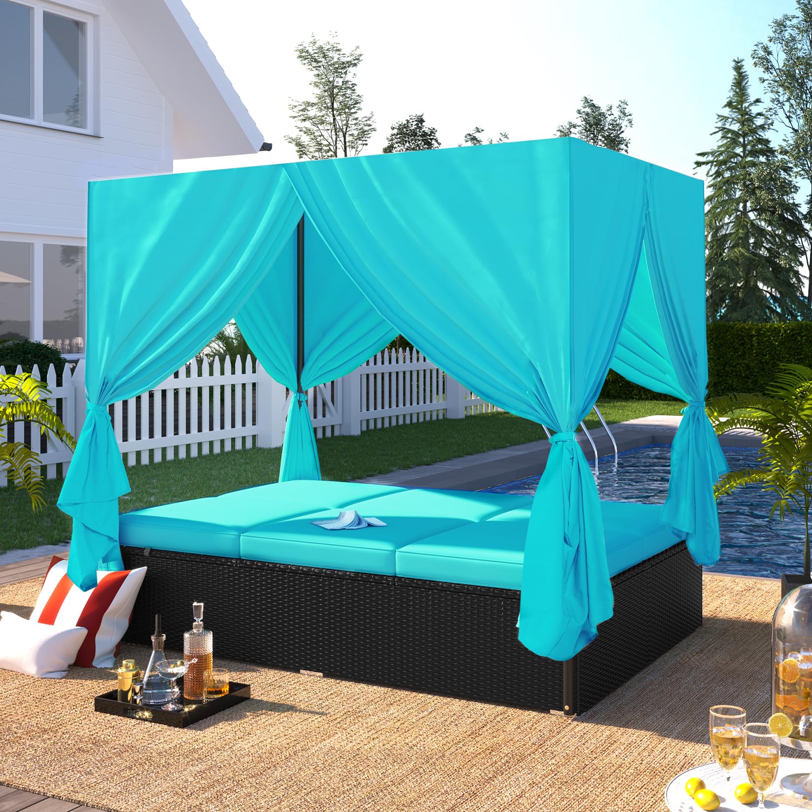 77.2" L Outdoor Patio Wicker Sunbed with Cushions and Curtains, Outdoor Double Padded Daybed with Adjustable Seats, Rattan Conversation Seating Group for Lawn, Poolside, Deck, Blue