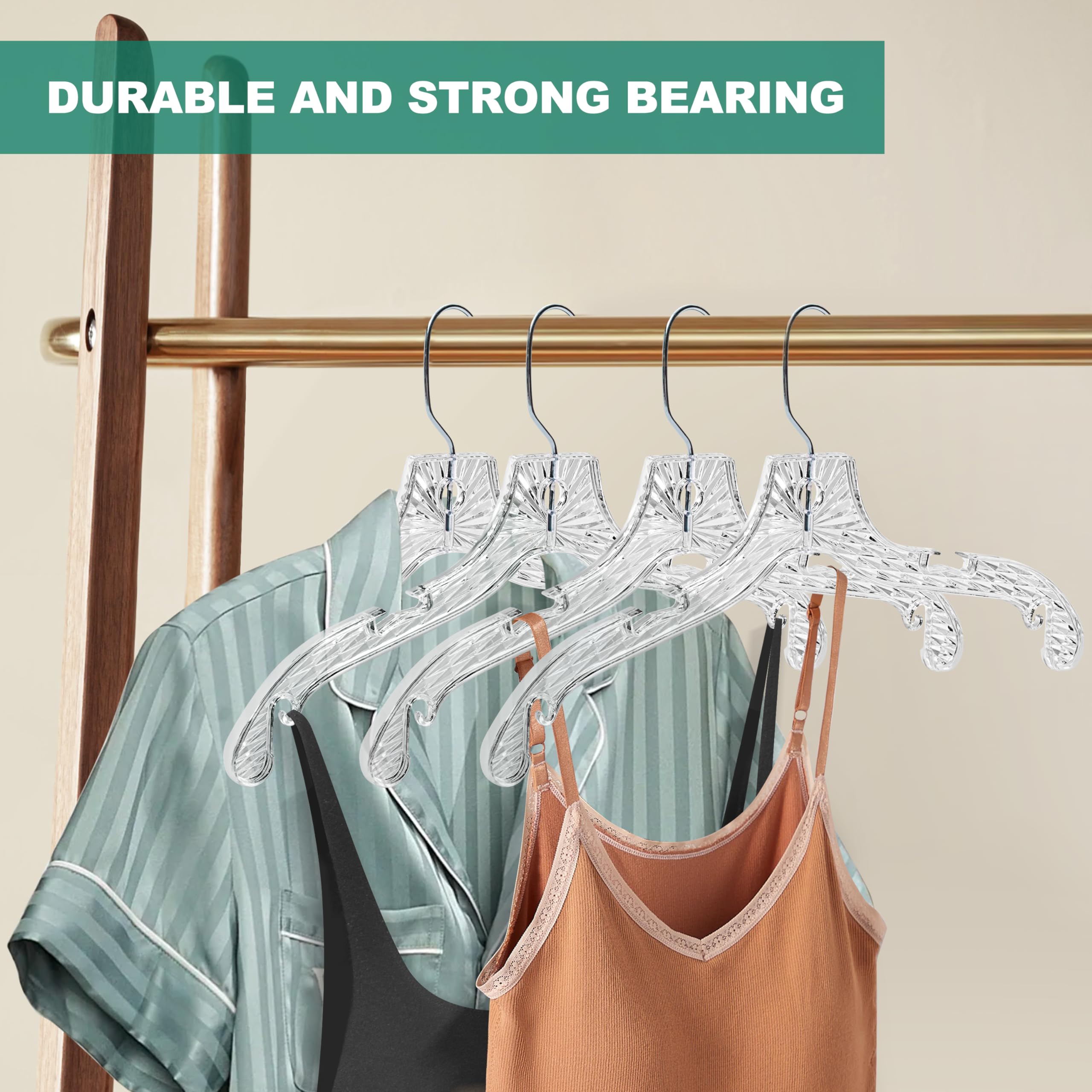 Quality Hangers 24 Pack Clear Plastic Hangers with Super Easy 360 Degree Swivel Hook – Shirt Hangers with Precision Notches for Secure Hanging – Slim Crystal Coat Hangers – 17 Inches (24, 17")