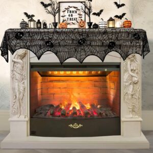 ourwarm halloween decorations skull spiderweb, black lace spider web halloween fireplace cover, cobweb halloween mantle scarf for halloween mantel decor halloween party supplies 21 x 79 inches