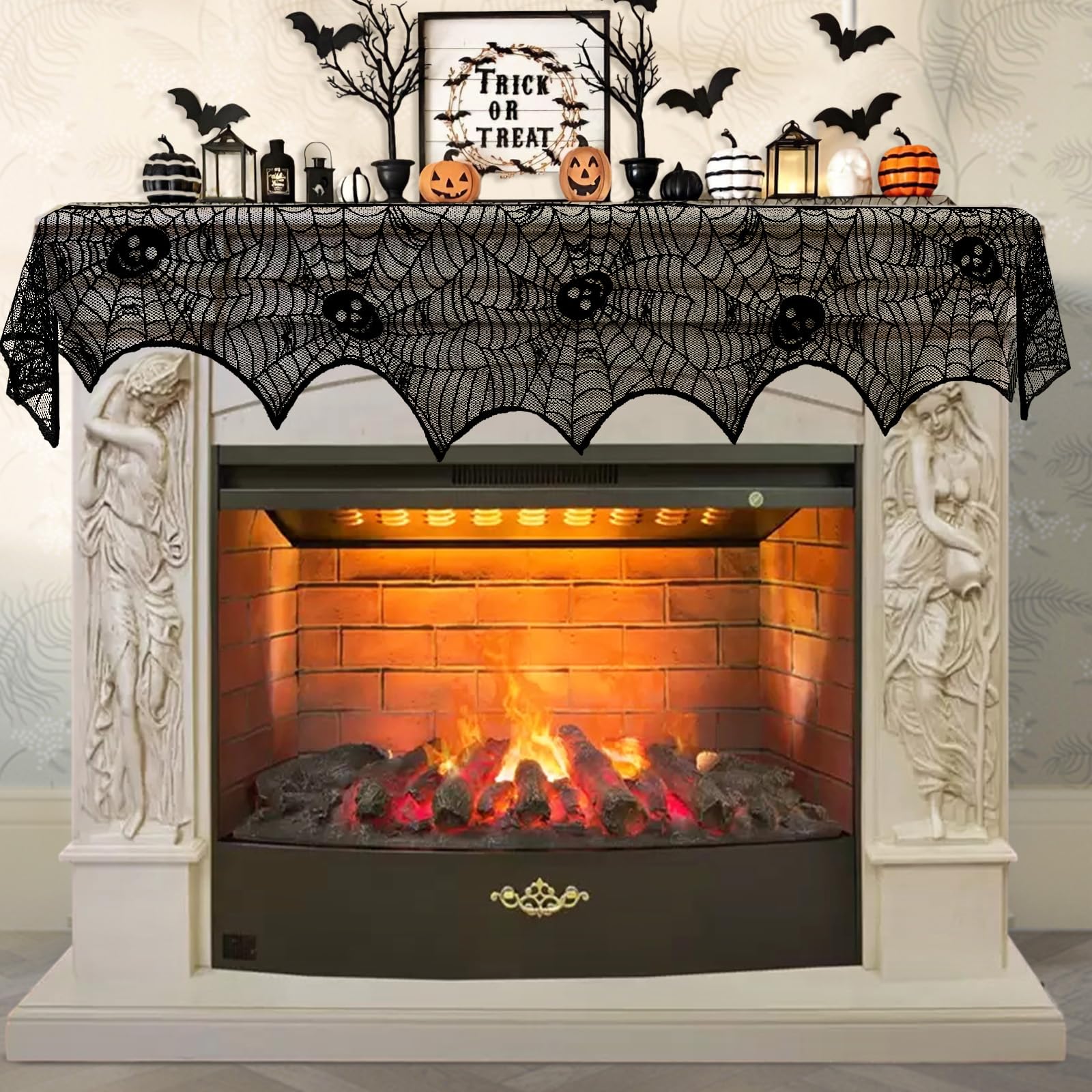 OurWarm Halloween Decorations Skull Spiderweb, Black Lace Spider Web Halloween Fireplace Cover, Cobweb Halloween Mantle Scarf for Halloween Mantel Decor Halloween Party Supplies 21 x 79 Inches