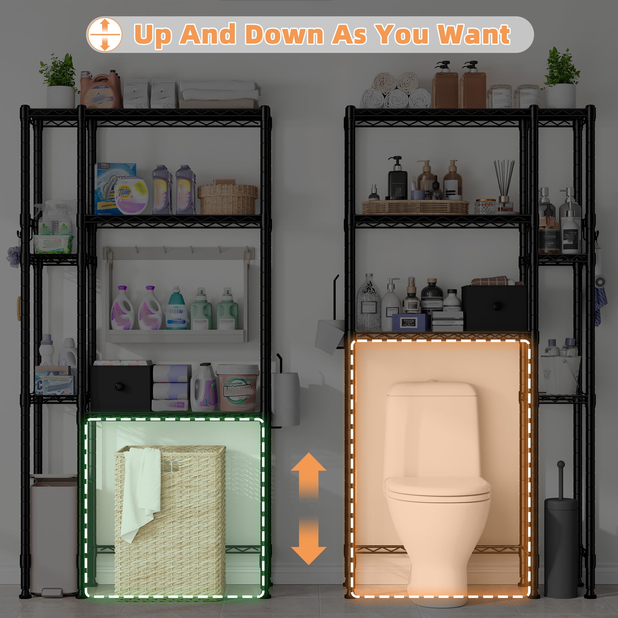 REIBII Over The Toilet Storage Cabinet, 6 Tier Over The Toilet Shelf with Adjustable Feet, Bathroom Over Toilet Storage with 4 Hooks & 2 Paper Holders, Black