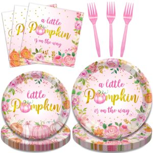 kepeel 96pcs fall little pumpkin baby shower plates and napkins, autumn a little pumpkin is on the way party supplies decorations thanksgiving girl pink floral baby shower tableware kit, serves 24