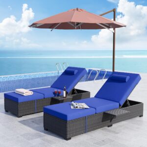 gaomon outdoor pe wicker chaise lounge chairs set of 2 patio brown rattan reclining chair adjustable backrest pool sunbathing recliners with cushion cover, navy