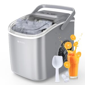 ecozy portable ice maker countertop, 9 cubes ready in 6 mins, 26lbs in 24hrs, self-cleaning ice machine with handle/ice bags/ice scoop/ice basket, 2 sizes bullet ice for home kitchen office bar party