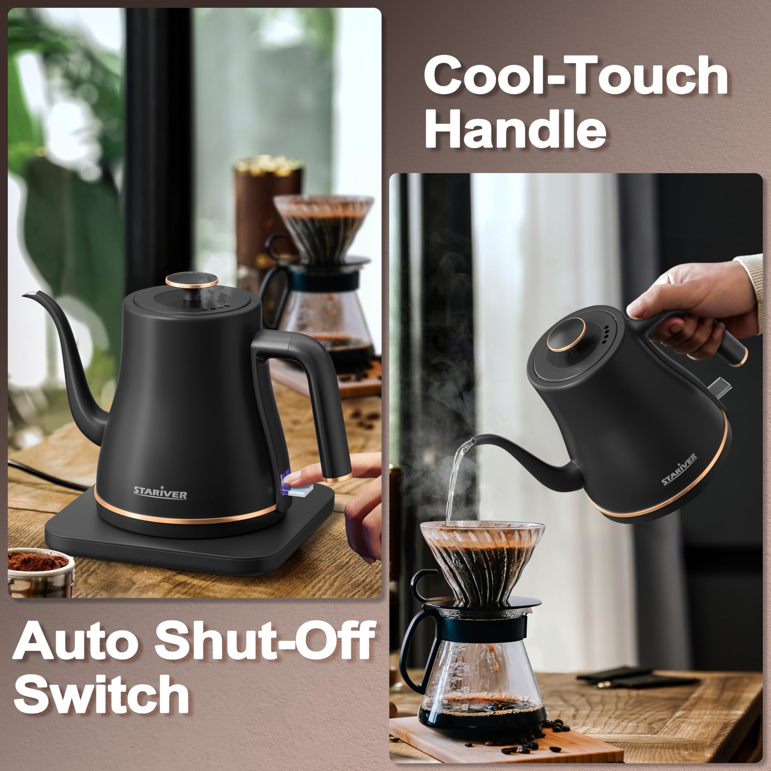 Stariver Gooseneck Electric Kettle, 0.8L Electric Tea Kettle Tea Pot, Pour Over Coffee Kettle with Stainless Steel Inner Lid & Bottom, Water Boiler with Auto Shut Off and Boil Dry Protection, Black