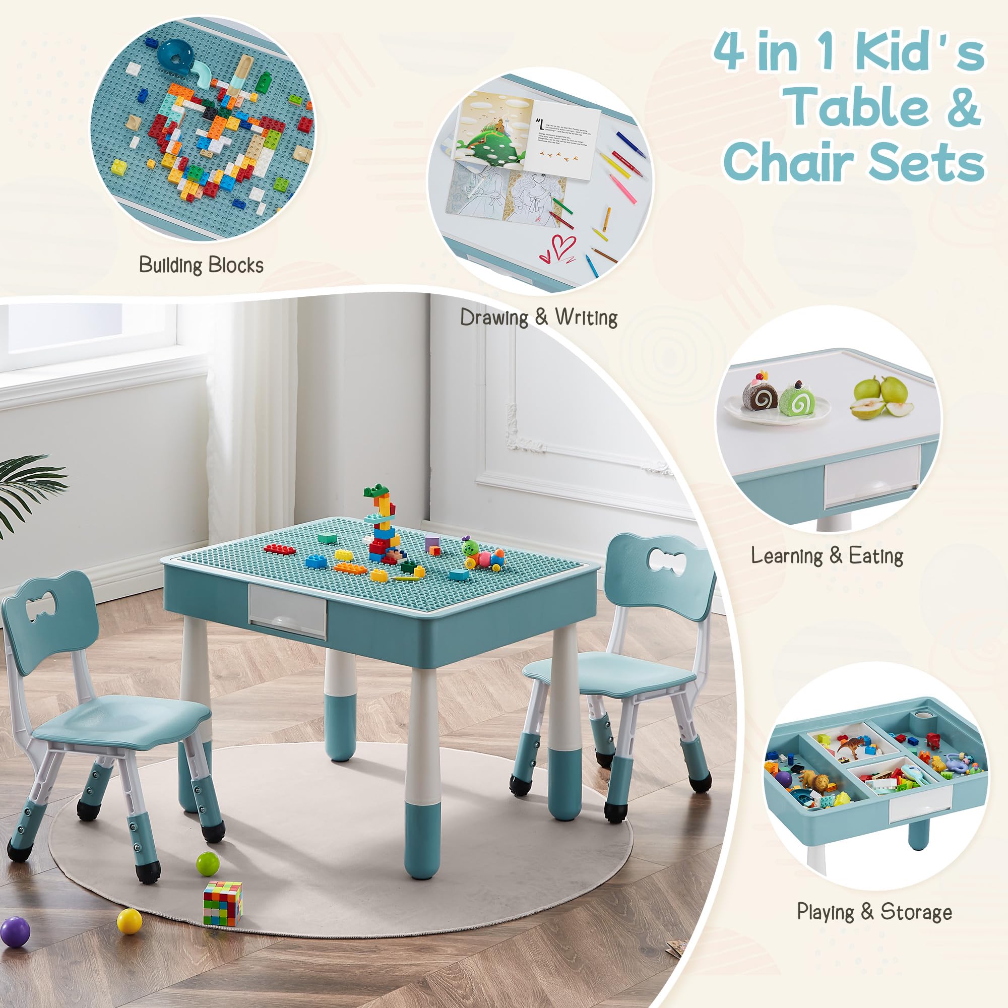 CuFun 4 in 1 Kids Table and 2 Chairs Set, Toddler Table and Chair Set for Kids Ages 3-10, Activity Table for Building Blocks/Drawing/Reading/Dining，Gift for Boy & Girl (Grayish Blue)