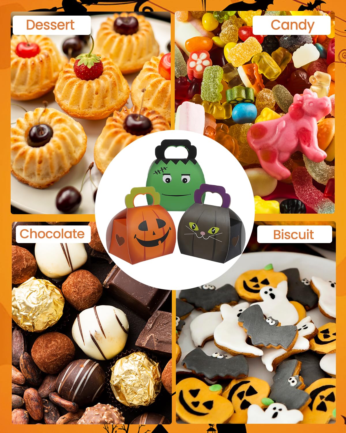 Liobelon 24 Pieces Halloween Candy Boxes With Handles Halloween Treat Boxes Trick or Treat Gift Boxes Pastry Cookies Goodie Bags for Halloween Party Supplies Halloween Kids Birthday Party Gift Box