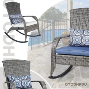 OYODHPDU Outdoor Rocking Chair- Rattan Patio Rocker Chairs with Cushions and Steel Frame- All Weather Outdoor Rocker Chair with 2 Replaceable Cushion Covers (Blue & Grey), 350lbs