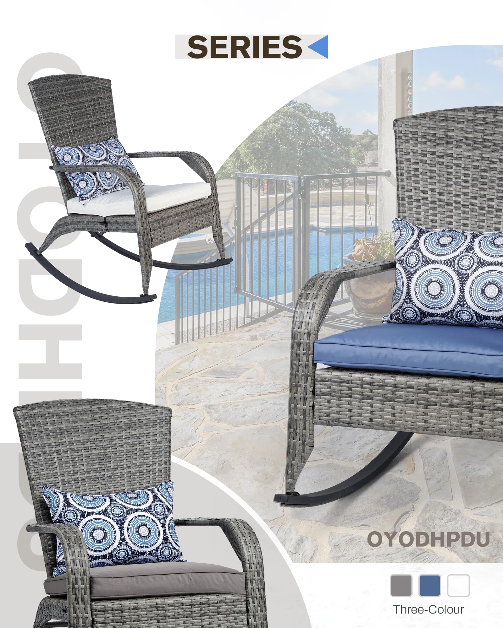 OYODHPDU Outdoor Rocking Chair- Rattan Patio Rocker Chairs with Cushions and Steel Frame- All Weather Outdoor Rocker Chair with 2 Replaceable Cushion Covers (Blue & Grey), 350lbs