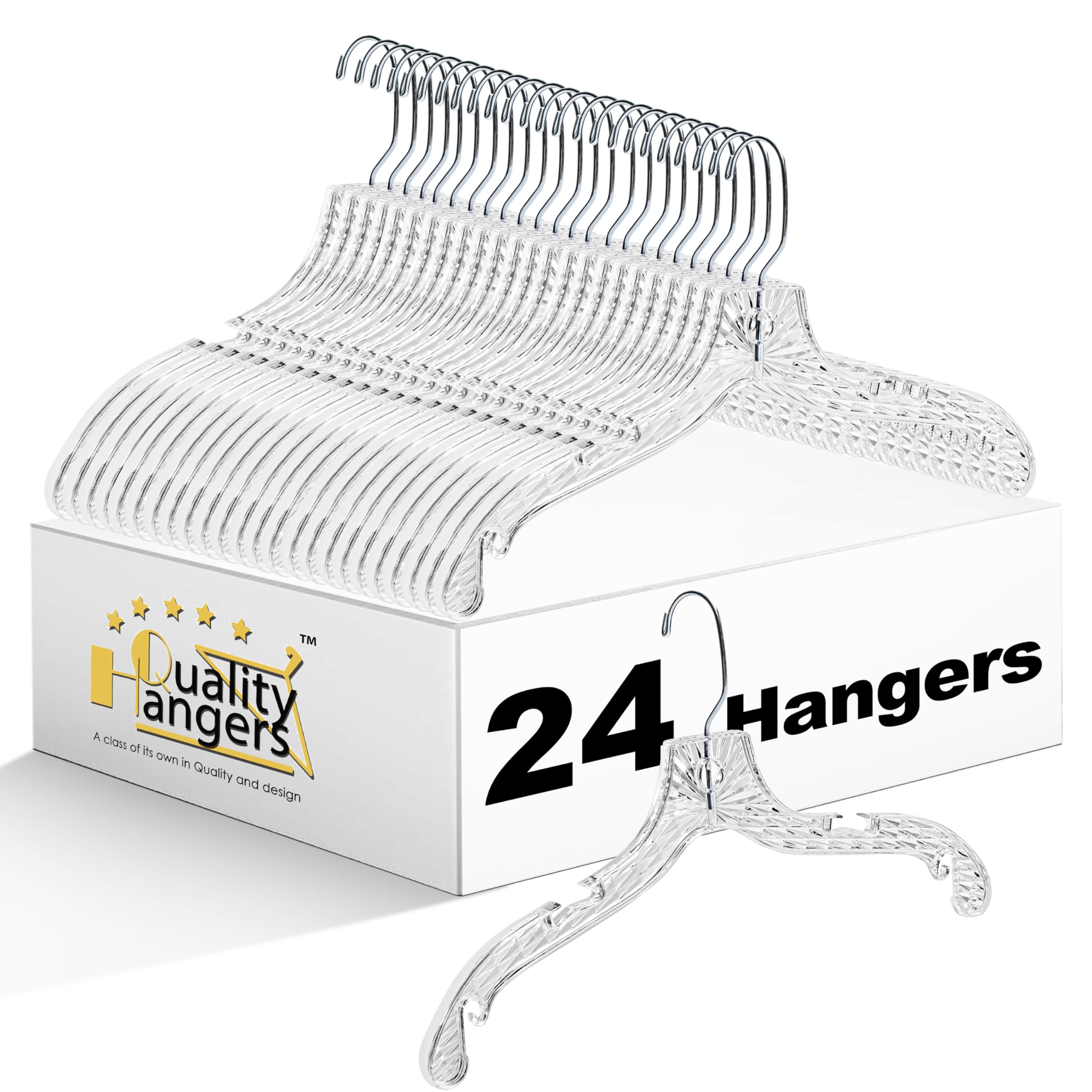 Quality Hangers 24 Pack Clear Plastic Hangers with Super Easy 360 Degree Swivel Hook – Shirt Hangers with Precision Notches for Secure Hanging – Slim Crystal Coat Hangers – 17 Inches (24, 17")