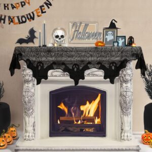 ourwarm halloween decorations ghost spiderweb, black lace spider web halloween fireplace cover, cobweb halloween mantle scarf for halloween mantel decor halloween party supplies 21 x 79 inches