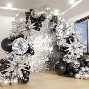 black and silver balloon garland arch kit with disco ball foil balloons, silver confetti latex balloons for graduation anniversary birthday party decorations