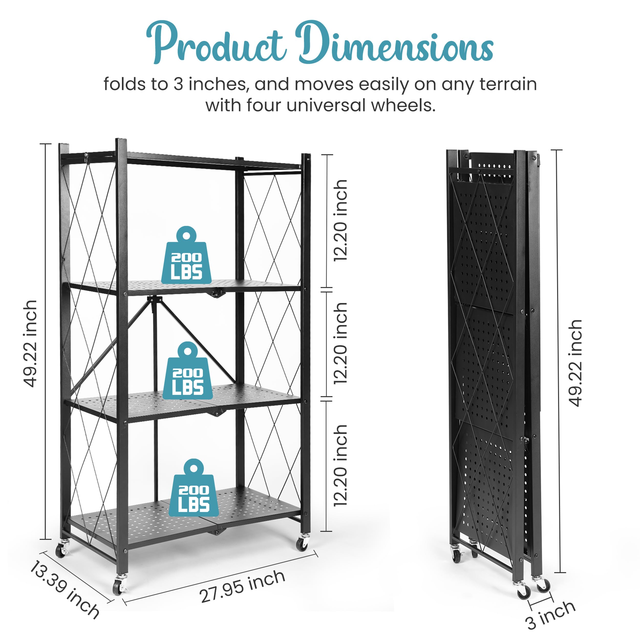 Pawtrice 4-Tier Foldable Shelf, Black-Strong and Durable Multipurpose Folding Shelves for Stroage with Locking Wheels-Easy to Assemble, Clean, Fold