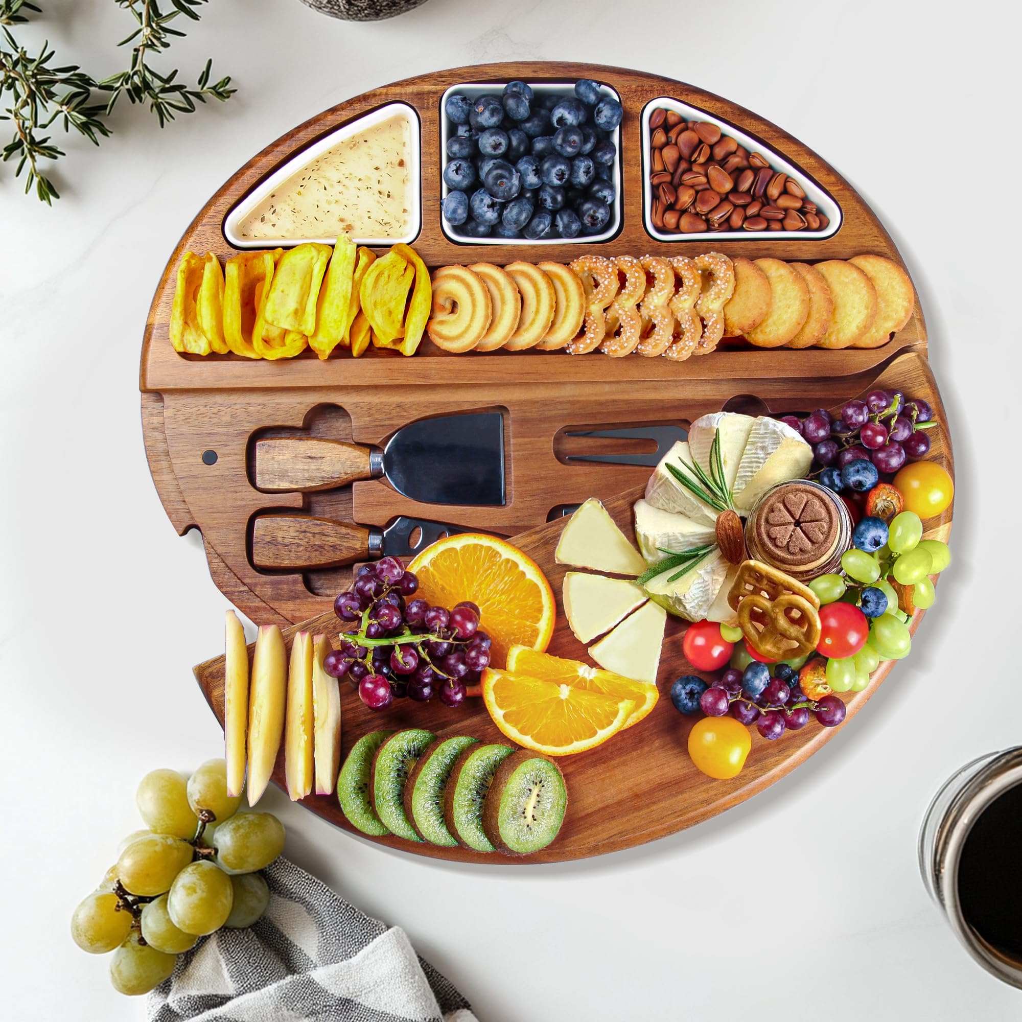 KITEISCAT Acacia Wood Cheese Board Set, Charcuterie Board Set, Cheese Platter Set with Knives and Bowls - Cheese Tray Set, Ideal for Wedding, Housewarming, Birthday, Anniversary