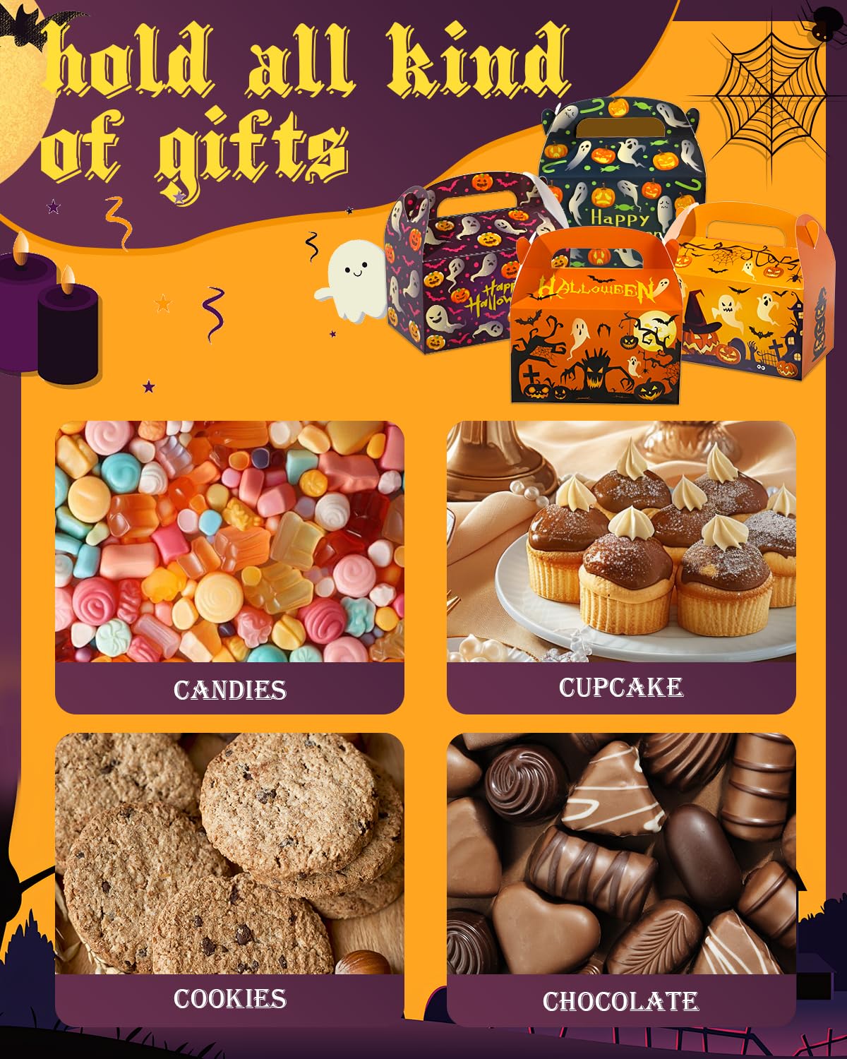 Liobelon 24 Pieces Halloween Treat Boxes Trick or Treat Bags Halloween Goodie Bags Halloween Cookies Goodie Boxes With Handles Ghost Gift Boxes Halloween Party Supplies for Sweets, Toys, Pastry, Gifts