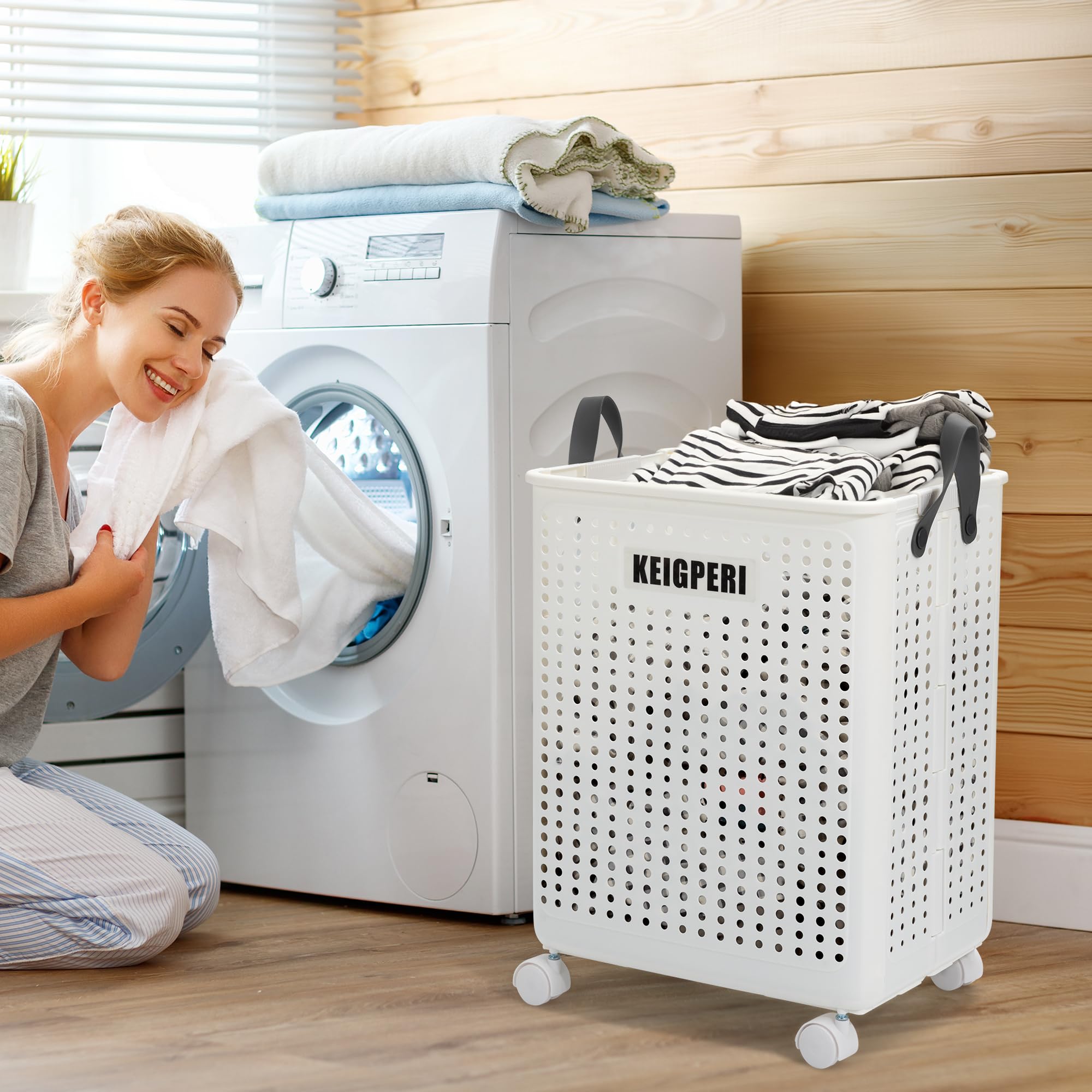 KEIGPERIcollapsible laundry baskets,laundry basket with wheels,foldable laundry basket,With wheels and handles, it is easy to move and can be folded to save space. (White, large)