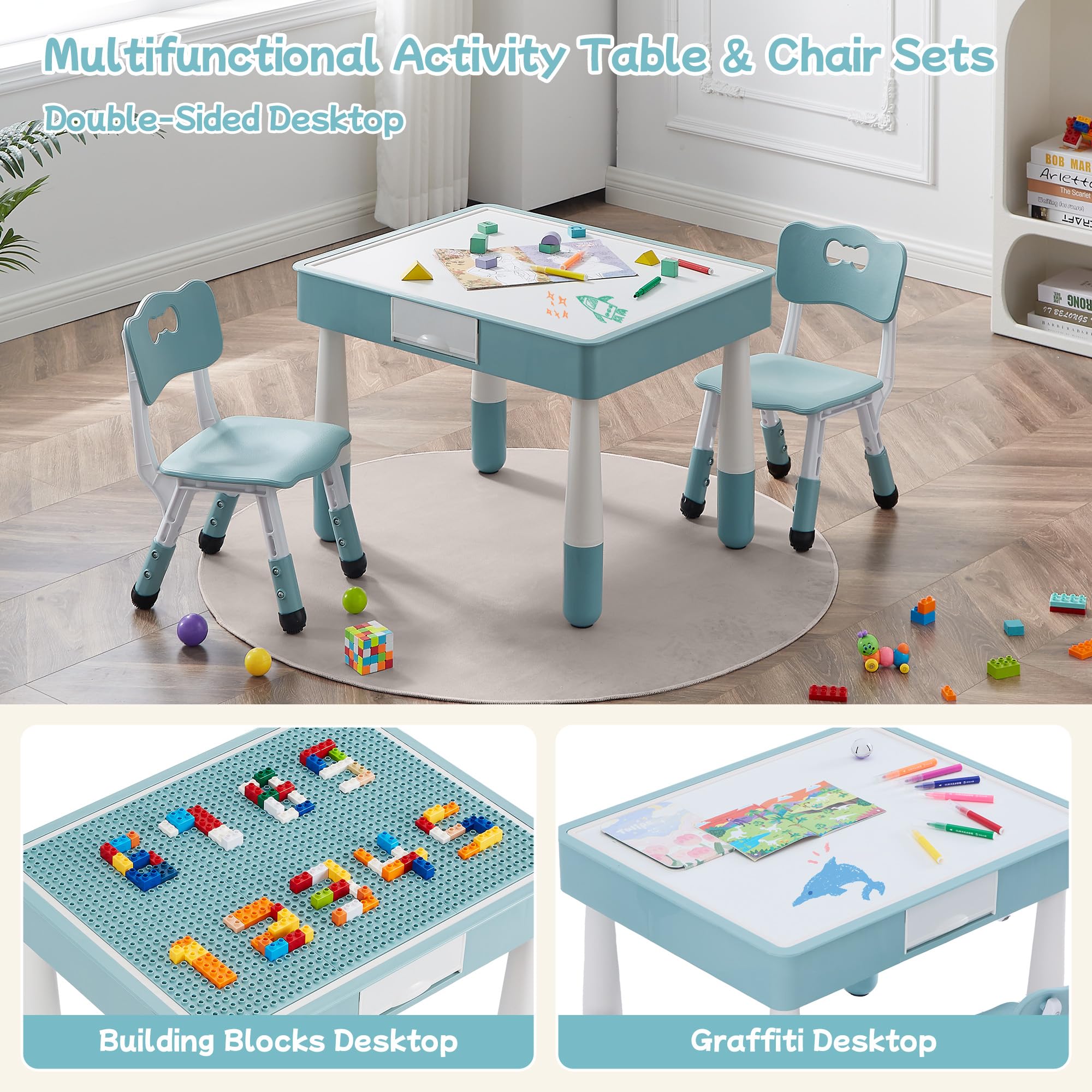 CuFun 4 in 1 Kids Table and 2 Chairs Set, Toddler Table and Chair Set for Kids Ages 3-10, Activity Table for Building Blocks/Drawing/Reading/Dining，Gift for Boy & Girl (Grayish Blue)