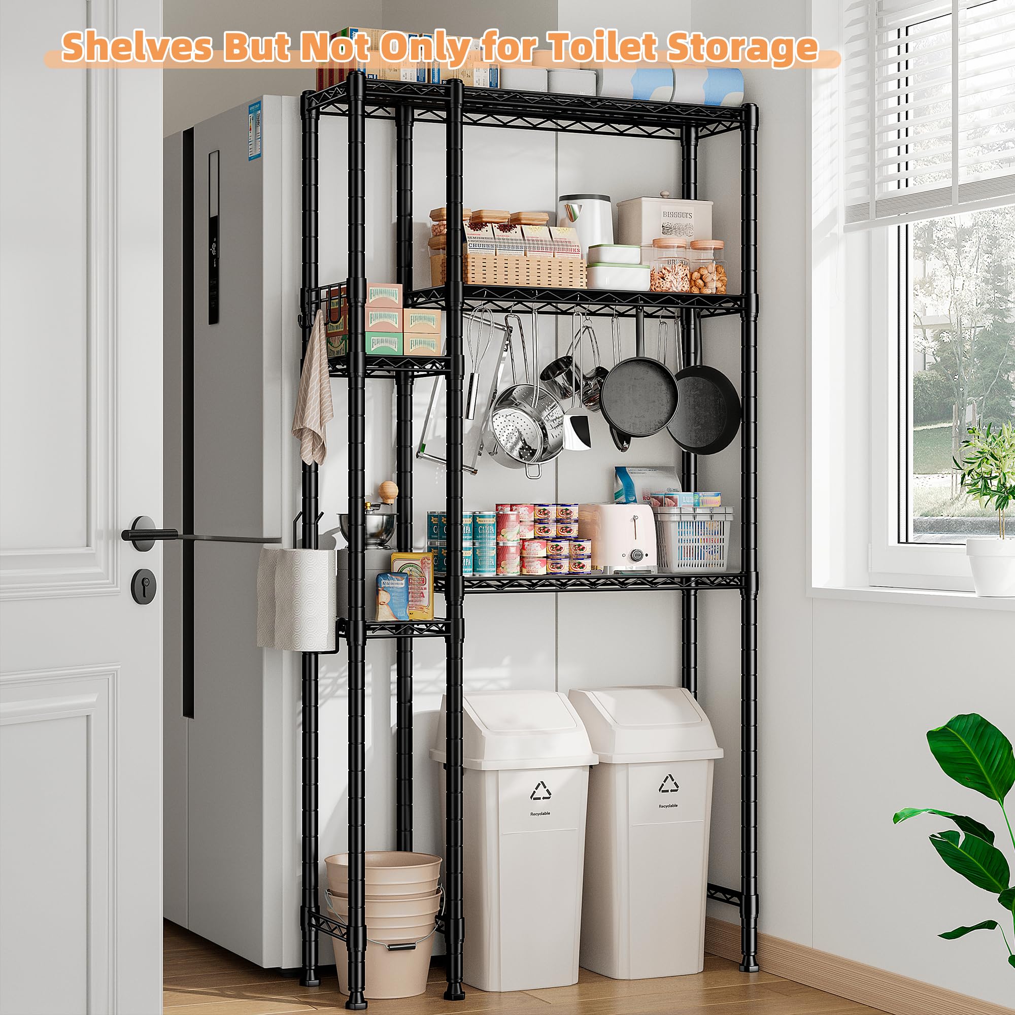 REIBII Over The Toilet Storage Cabinet, 6 Tier Over The Toilet Shelf with Adjustable Feet, Bathroom Over Toilet Storage with 4 Hooks & 2 Paper Holders, Black