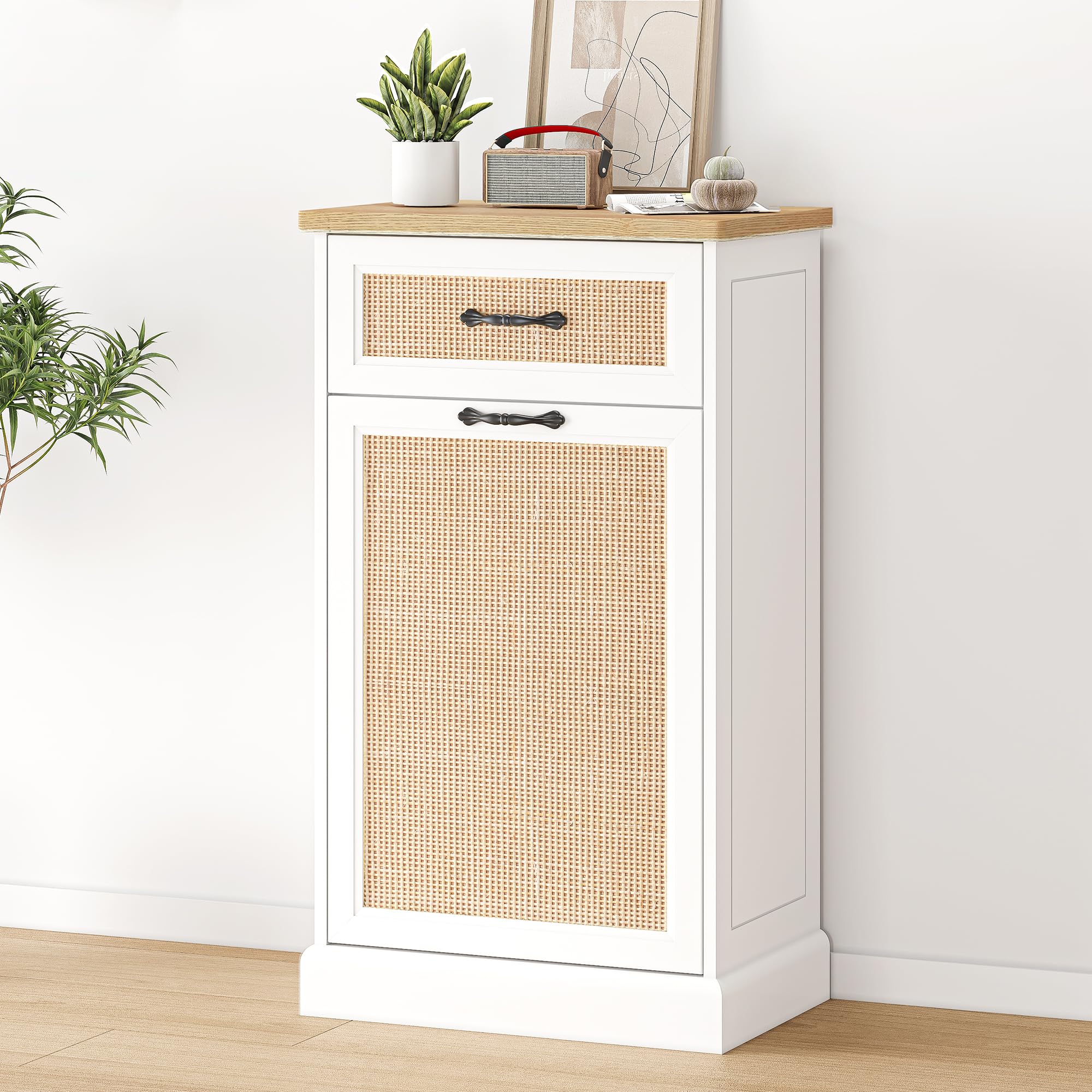 GAOMON Tilt Out Trash Cabinet with Natural Rattan, Freestanding Trash Cabinet 10 Gallon for Kitchen Dining Living Room, Hidden Garbage Bin Cabinet Storage Holder