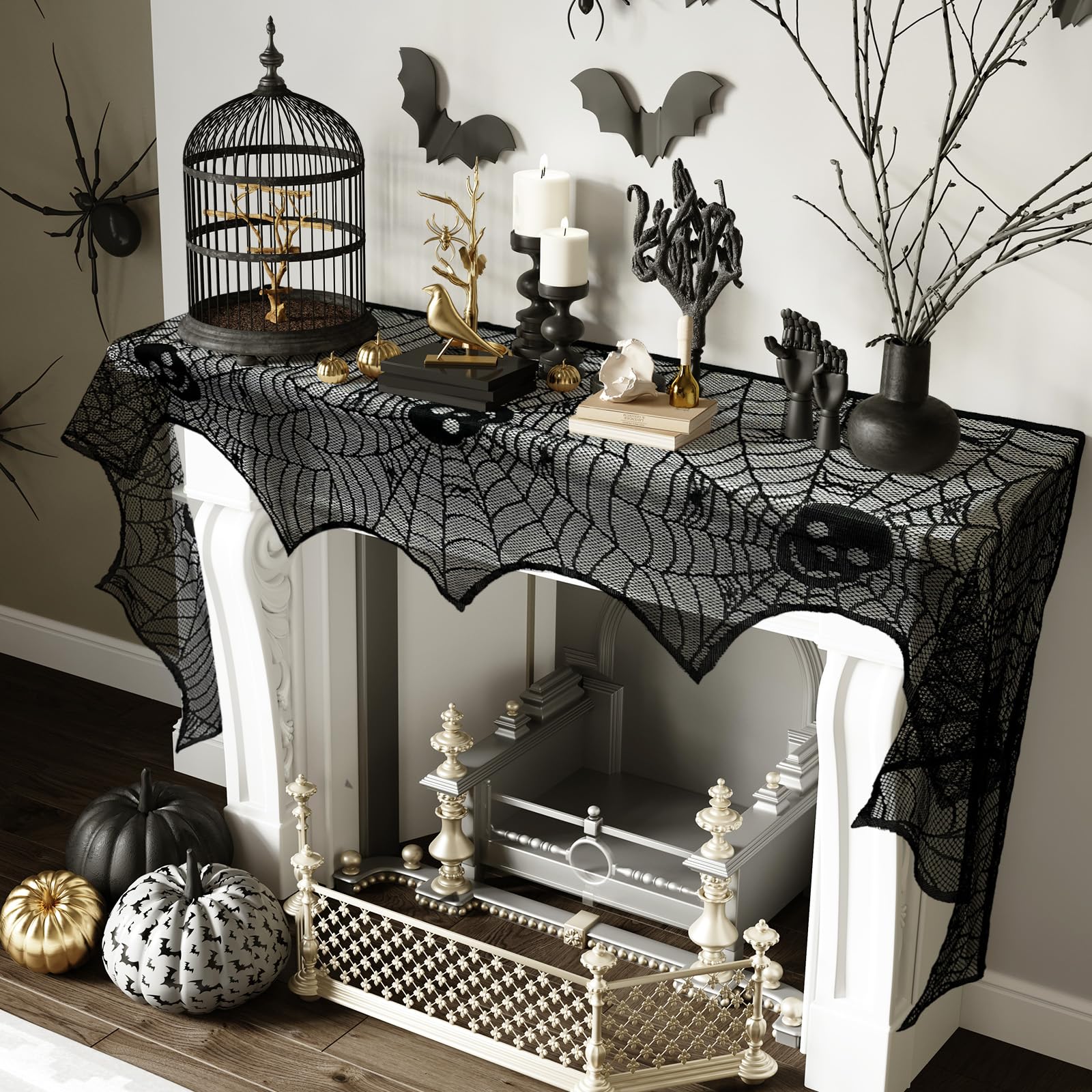 OurWarm Halloween Decorations Skull Spiderweb, Black Lace Spider Web Halloween Fireplace Cover, Cobweb Halloween Mantle Scarf for Halloween Mantel Decor Halloween Party Supplies 21 x 79 Inches