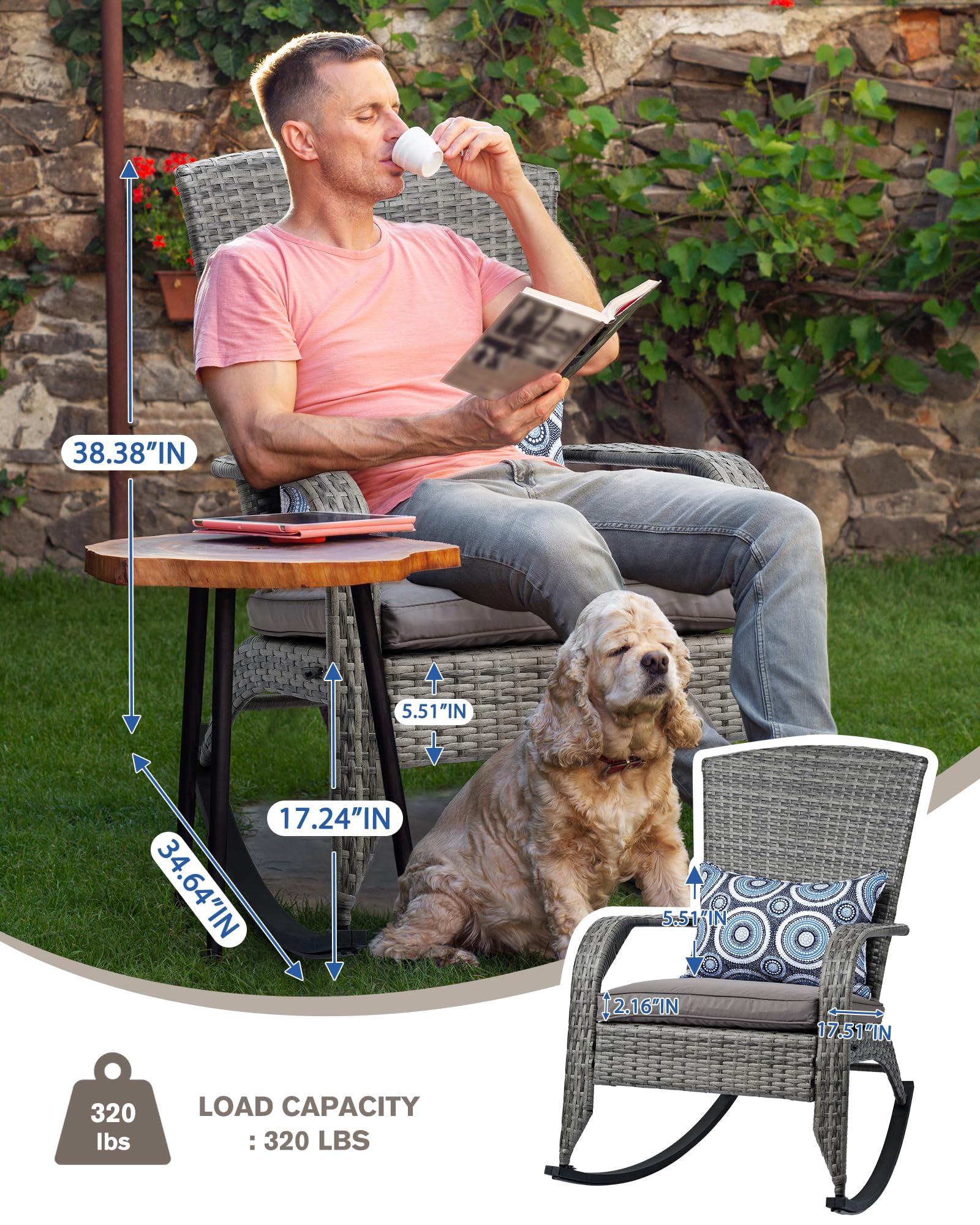 OYODHPDU Outdoor Rocking Chair- Rattan Patio Rocker Chairs with Cushions and Steel Frame- All Weather Outdoor Rocker Chair with 2 Replaceable Cushion Covers (Blue & Grey), 350lbs