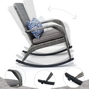 OYODHPDU Outdoor Rocking Chair- Rattan Patio Rocker Chairs with Cushions and Steel Frame- All Weather Outdoor Rocker Chair with 2 Replaceable Cushion Covers (Blue & Grey), 350lbs