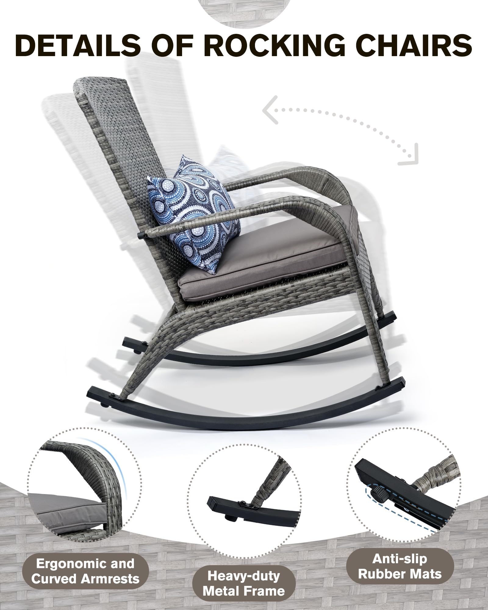 OYODHPDU Outdoor Rocking Chair- Rattan Patio Rocker Chairs with Cushions and Steel Frame- All Weather Outdoor Rocker Chair with 2 Replaceable Cushion Covers (Blue & Grey), 350lbs