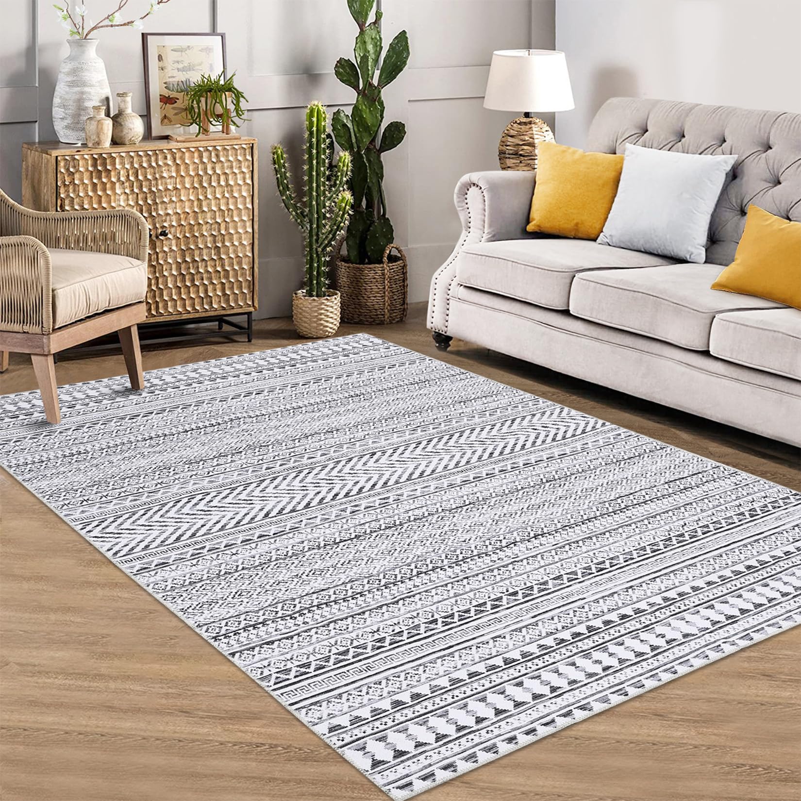 GarveeHome Washable Rug 5x7 Large Bedroom Rug Foldable Bohemian Rug Indoor Non Slip Low Pile Boho Rug Geometric Floor Cover Moroccan Rug Accent Rug Carpet for Living Room Home Office, Grey