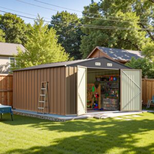 patiolife 10x12 ft metal outdoor storage shed, all-weather garden tool shed with lockable door & sloping roof, for backyard and garden patio, brown