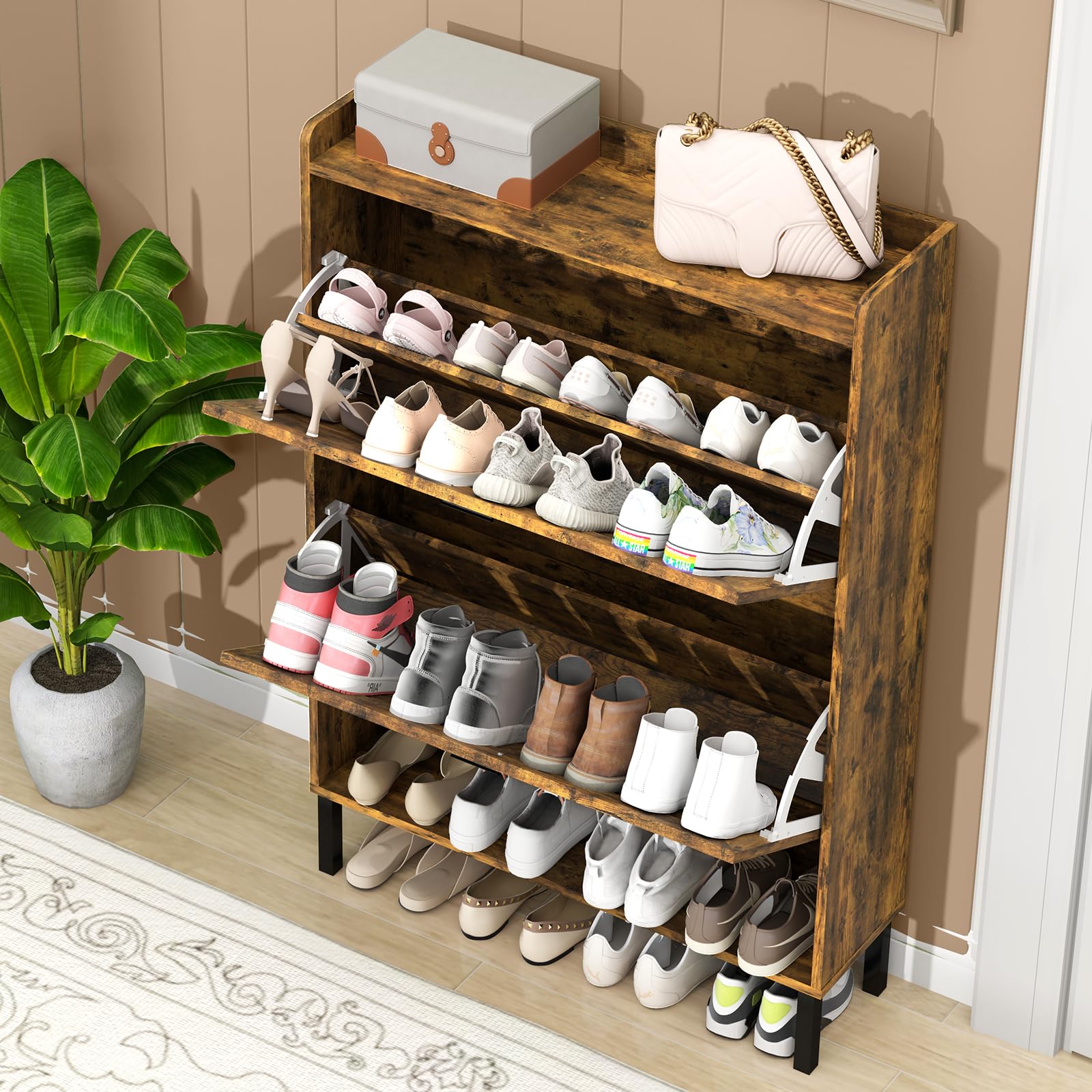 Wakefit Shoe Cabinet Storage for Entryway, Shoe Organizer with 2 Flip Drawers, Farmhouse Wooden Hidden Freestanding Shoe Cabinet with Metal Legs, Tall Narrow Shoe Cabinet for Hallway(Rustic Brown)